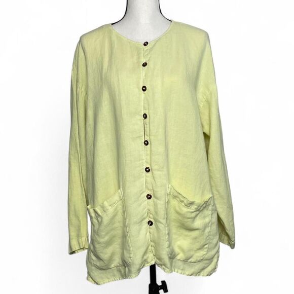 Kiko 100% Linen Yellow Button Up Long Sleeve Shirt with Front Pockets One Size - Picture 1 of 6